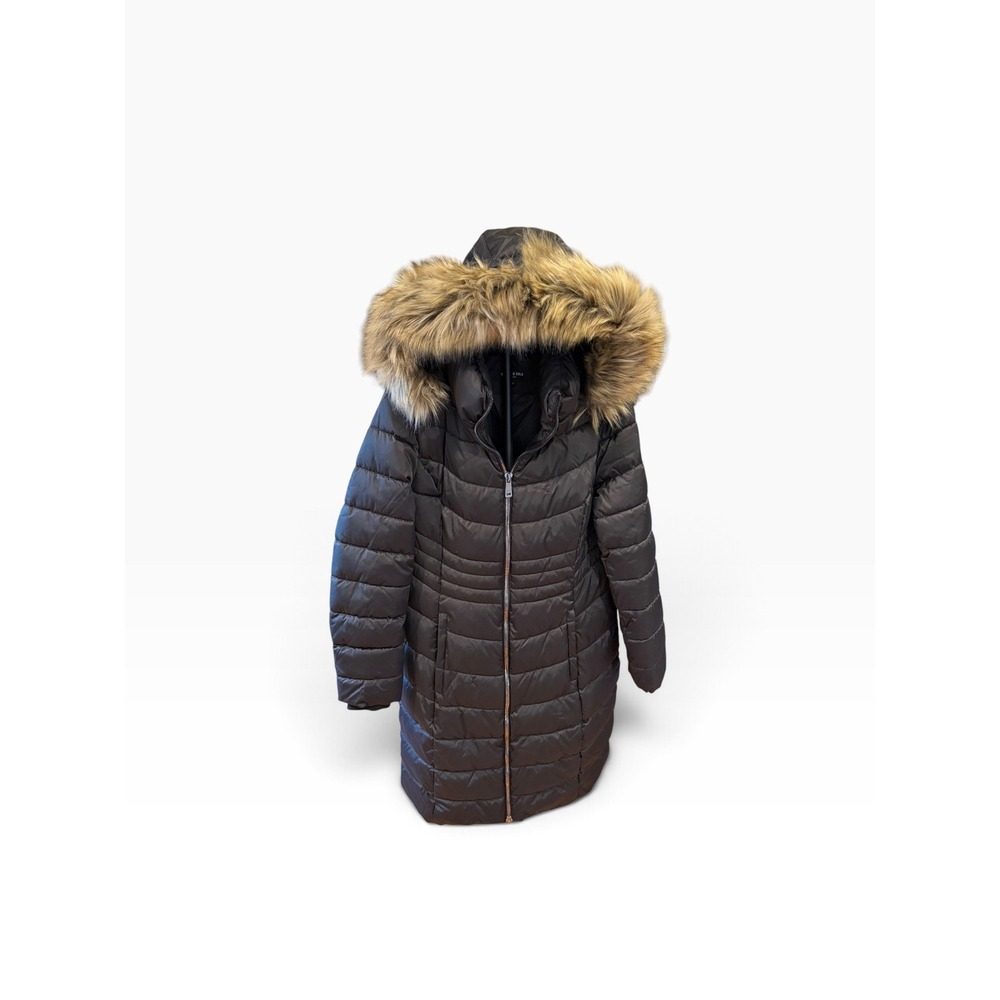 Warm cozy Kenneth Cole New York Woman's Black Puffer Coat Faux Fur Hood Parka L